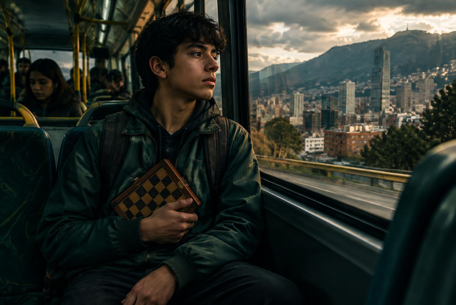 Visualización conceptual de un joven ajedrecista desplazándose por la ciudad
