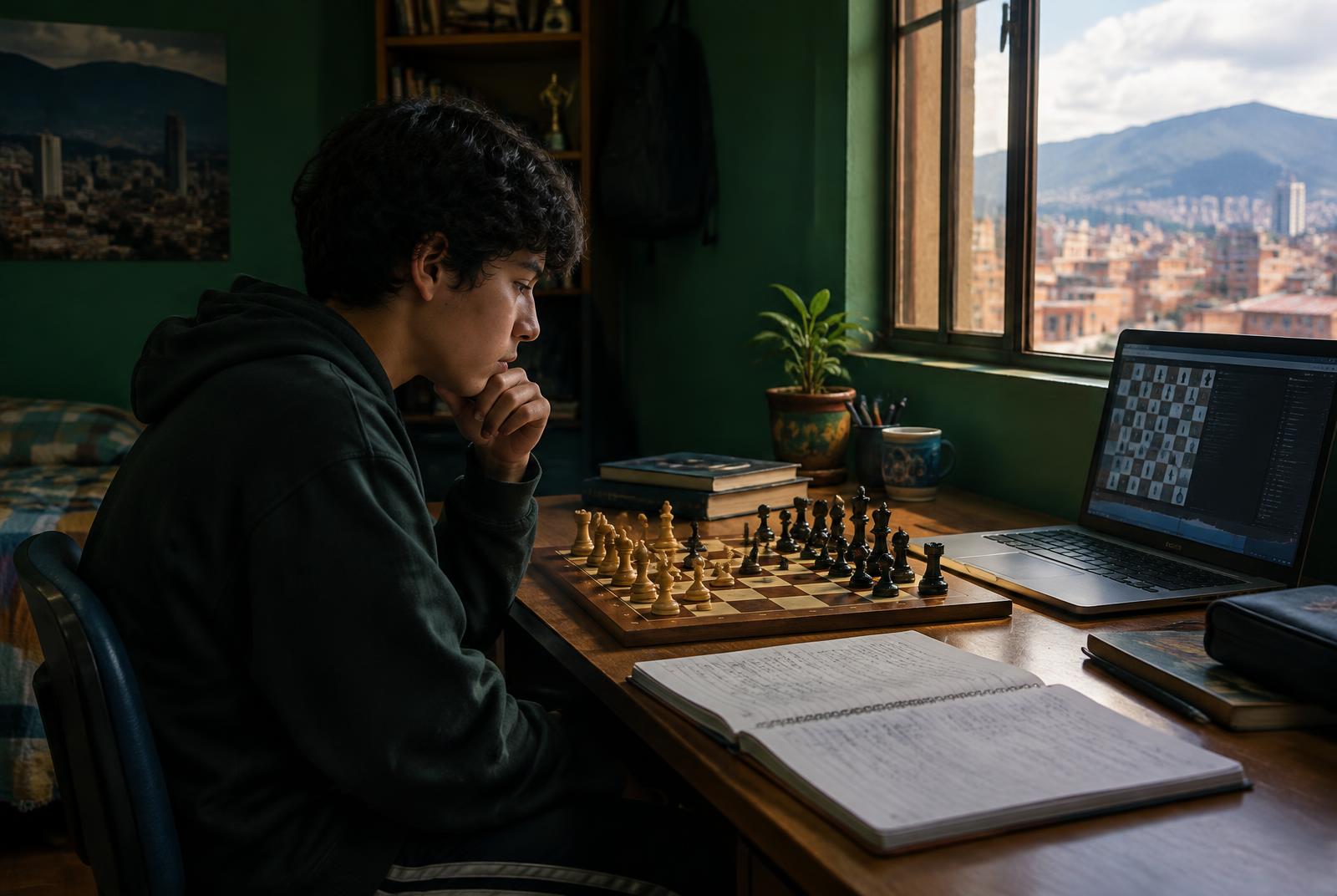Visualización conceptual de un joven que estudia ajedrez de forma autónoma en Bogotá